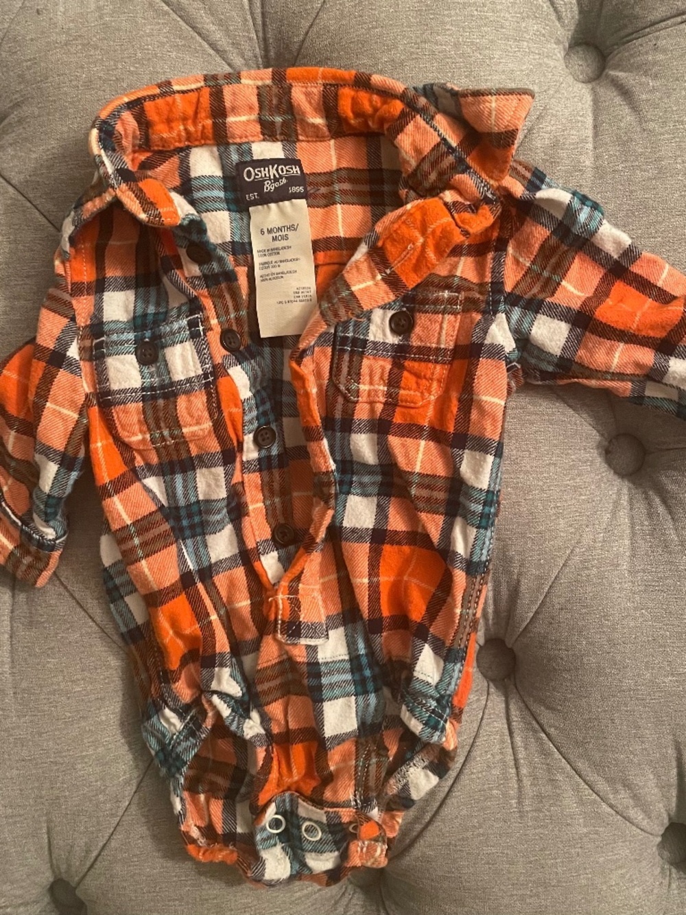 OshKosh B'gosh Orange Plaid Flannel Bodysuit Shirt 6M